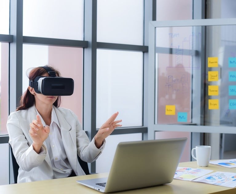 Business woman with a VR headset glasses