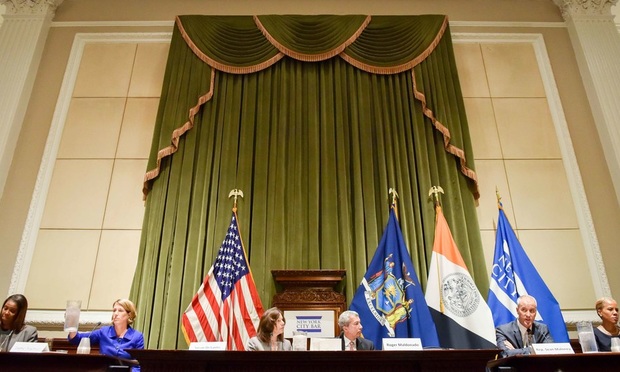 <i>Pictured, from left, are Letitia James, Zephyr Teachout, Susan DeSantis, deputy editor in chief of the Law Journal, Roger Juan Maldonado, bar association president Sean Maloney and and Leecia Eve during a debate between New York state Attorney General candidates on Sept. 4 at the New York City Bar Association. Photo Credit: David 