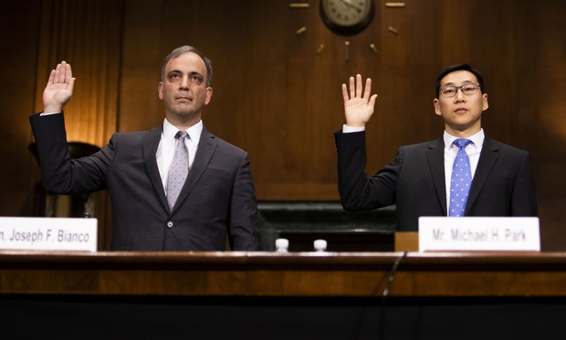 Joseph Bianco, left, and Michael Park, right, testify before the Senate Judiciary Committee during their confirmation hearing to be U.S. circuit judges for the Second Circuit, on Wednesday, Feb. 13, 2019. Photo: Diego M. Radzinschi/ALM
