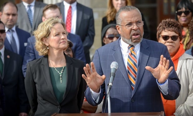 Nassau County Executive Laura Curran, left, and attorney Frederick Brewington announce a successful resolution of fair housing litigation that has been pending against the county since 2005 during a press conference Friday in Mineola, New York. (Photo by David Handschuh/NYLJ)