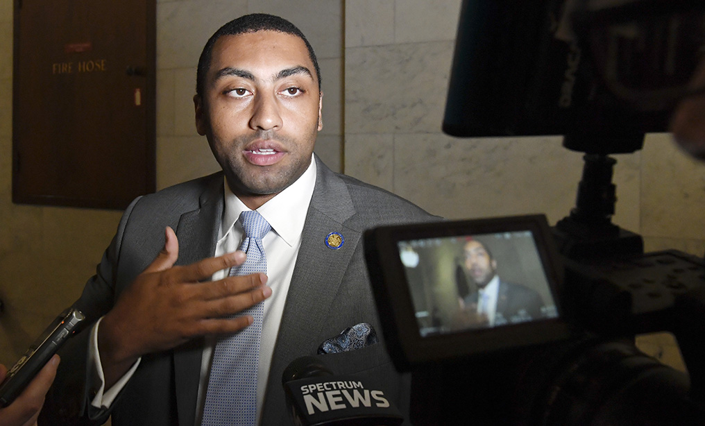 New York Sen. Jamaal T. Bailey, D-Bronx, speaks to reporters about marijuana legislation at the state Capitol Thursday. 