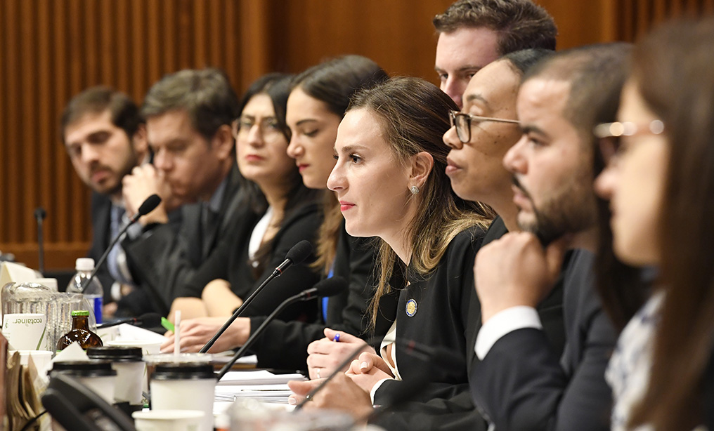 Sponsor of the bill Sen. Alessandra Biaggi, center, ask a question during a public hearing on sexual harassment in the workplace held in February in Albany.