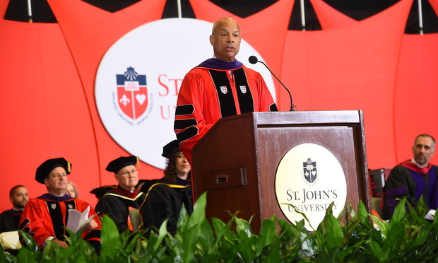 Jeh Johnson speaking at the graduation of St. John's University School of Law. Credit: Jad Nammour.