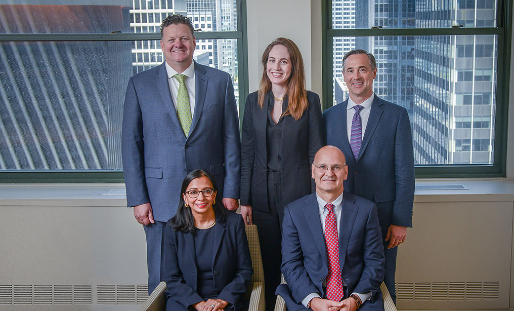 Seated, from left, Bindu Donovan, partner, and John M. Desmarais, founding partner; standing, from left, partners Justin P.D. Wilcox, Laurie N. Stempler and Paul A. Bondor (Photo by David Handschuh/NYLJ)