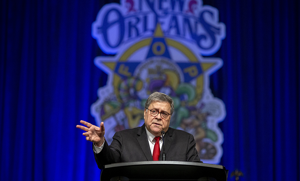 U.S. Attorney General William Barr addresses the Grand Lodge Fraternal Order of Police's 64th National Biennial Conference at the Ernest N. Morial Convention Center in New Orleans, La. on Aug. 12. 