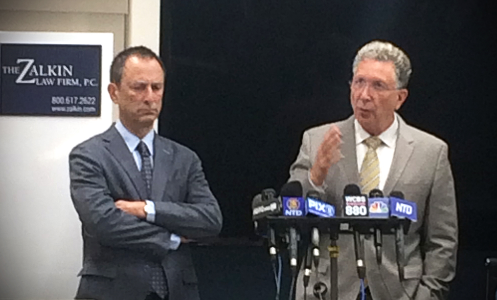 At a news conference on Monday in Manhattan announcing the upcoming lawsuits against the church, the alleged abuse survivors' lawyers, Irwin Zalkin, right, and local counsel Michael Barasch, left, describe the allegations of sexual abuse and the alleged negligence by the church. 