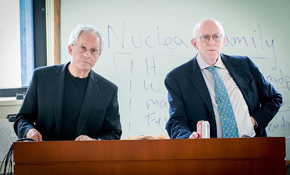 Professor David Rudenstine, left, and co-teacher, retired New York State Court of Appeals Judge Robert Smith during a new course at Cardozo Law School on the Trump presidency. 