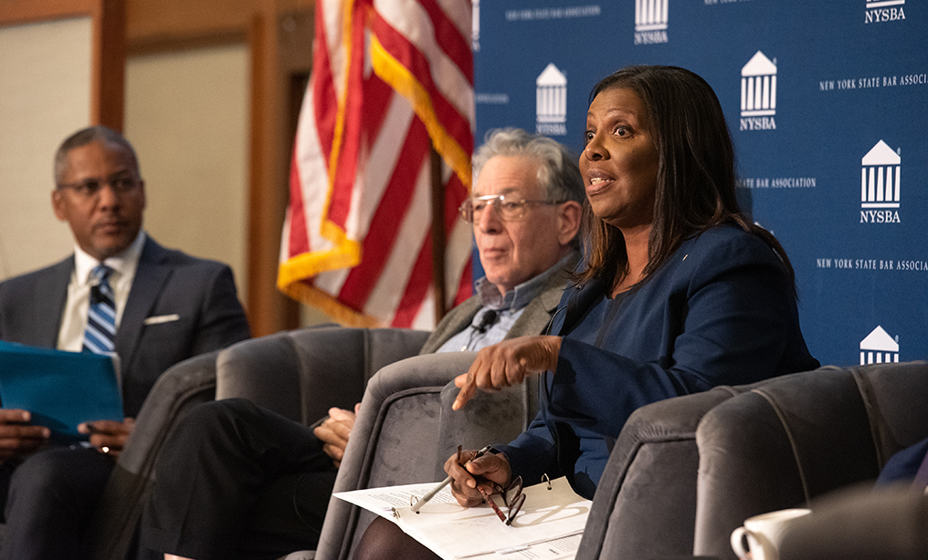 Letitia James, Esq., New York State Attorney General, makes a point during Presidential Summit at the New York State Bar Association Annual Meeting. Also pictured are Craig M. Boise (left), Dean Professor of Law at Syracuse University, College of Law and Leonard Zeskind, President, Institute for Research and Education of Human Rights. The event was held at the Hilton Midtown in New York, on Wednesday January 29, 2020. / Russ DeSantis Photography and Video, LLC