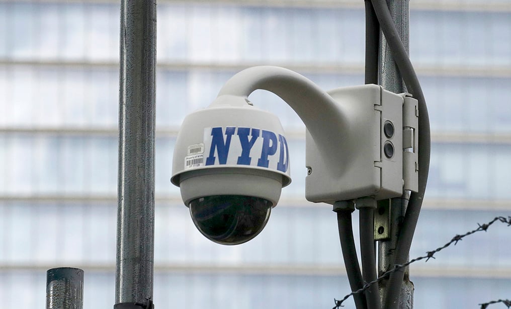 New York Police Department security camera at the National September 11 Memorial and Museum in New York. Photo: Mark Lennihan/AP