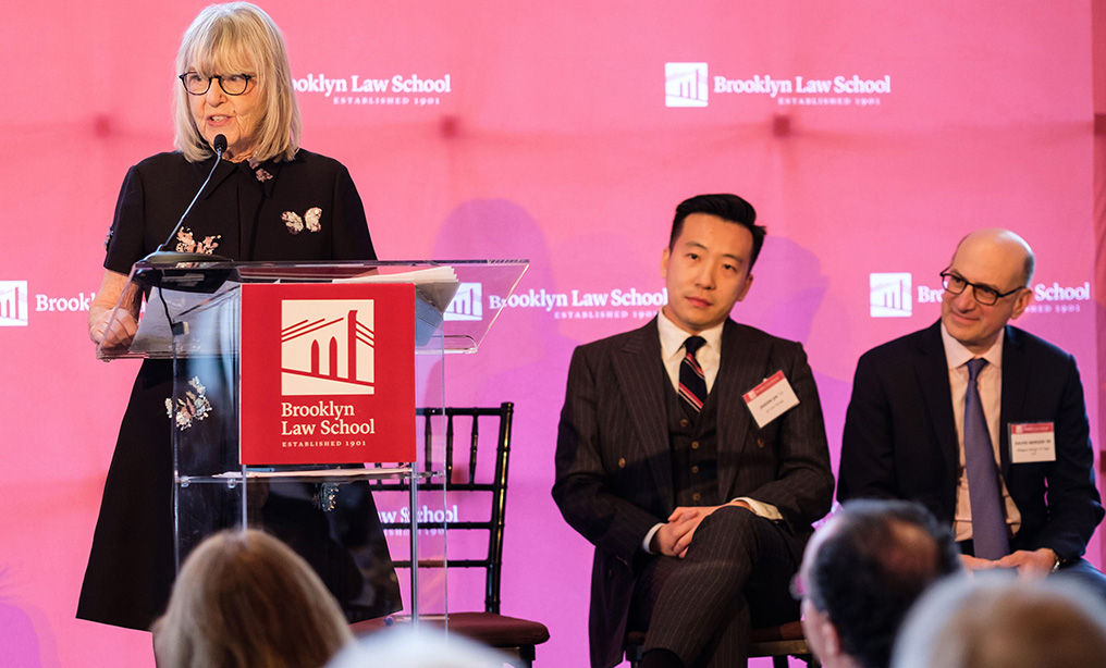 Over 450 attendees and 34 sponsors raised over $137K at the Brooklyn Law School Annual Alumni Luncheon on Friday, Feb. 7, at Mandarin Oriental restaurant in Manhattan. (L-R) Alumni of the Year Harriet Newman Cohen ’74 and David A. Berger ’89, and Rising Star Jason Jia ’11