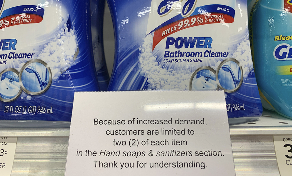 A sign is seen limiting purchase amounts of hand soaps and sanitizers due to high demand at a Publix Supermarket amid concern over the COVID-19 virus on Monday, March 9. Photo: Brynn Anderson/AP