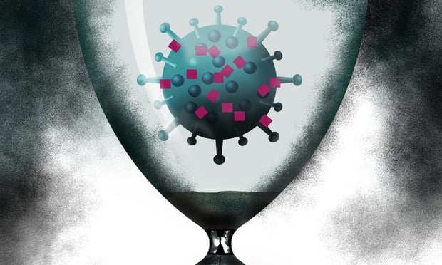 A coronavirus is isolated inside an hourglass as sand counts down.