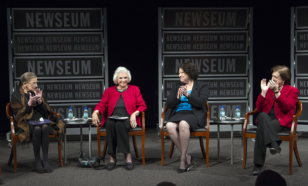 Former Supreme Court Justice Sandra Day O'Connor, second from left, is applauded by, from left, Supreme Court Justices Ruth Bader Ginsburg, Sonia Sotomayor and Elena Kagan, during a forum to celebrate the 30th Anniversary of Sandra Day O’Connor’s appointment to the Supreme Court, at the Newseum in Washington in 2012. Photo: Manuel Balce Ceneta/AP