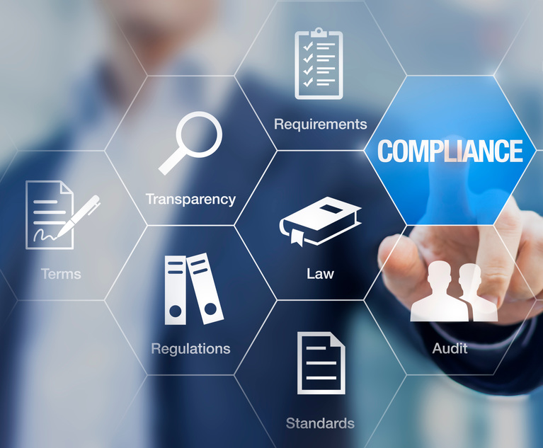 Compliance concept with icons for regulations, law, standards, requirements and audit on a virtual screen with a business person touching a button