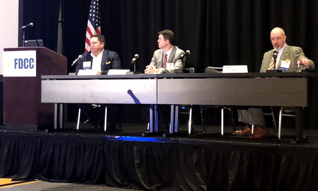 From left to right: David Nichols, Nathan Brown and Alan Bryan at the 15th annual Federation of Defense and Corporate Counsel Symposium in Philadelphia. Photo by Dan Clark/ALM