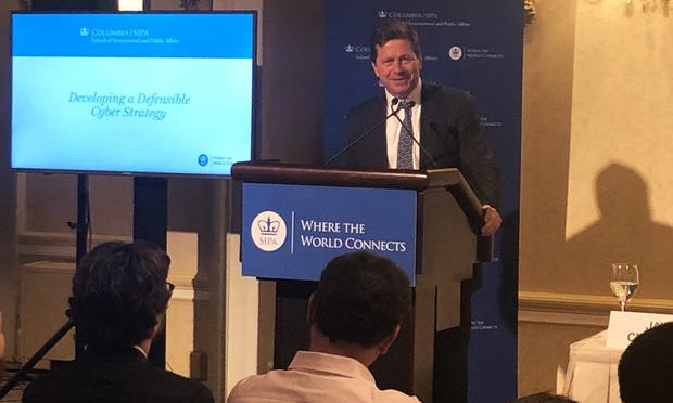 SEC Chairman Jay Clayton speaking at a Columbia University School of International and Public Affairs cybersecurity event. Photo by Daniel Clark/ALM
