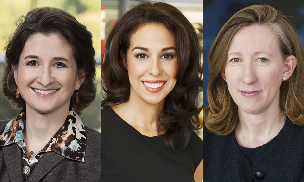 Kerri Ruttenberg, partner, Jones Day (from left); Anastasia Danias Schmidt, executive vice president and general counsel, Major League Soccer; and Jennifer Newstead, Facebook general counsel. (Courtesy photos)