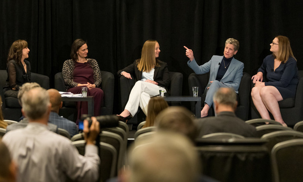 (L to R) Heather Rafter, Kristin Sverchek (Lyft), Dev Stahlkopf (Microsoft), Dorian Daley (Oracle) and Kathy Hibbs (general counsel 23andme) at an American Bar Association panel titled "Shaping Our Future: Top Tech Company Lawyers on Innovation and Social Responsibility." (Photo: Jason Doiy/ALM)