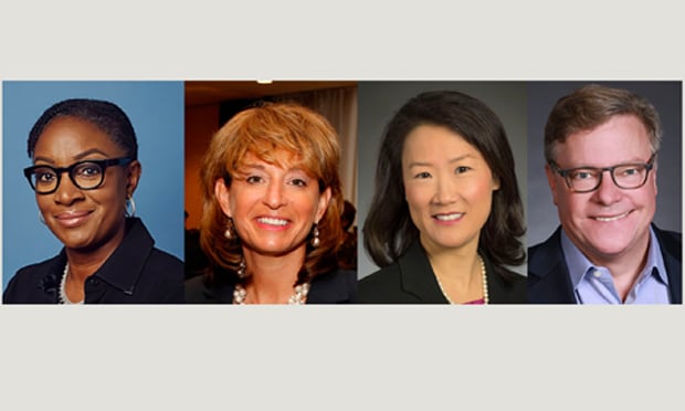 Wanji Walcott, chief legal officer of Discover Financial Services (from left); Amy Fliegelman Olli, general counsel of VMware; Hannah Lim-Johnson, chief legal officer of Kelly Services; and Tom Robertson, deputy general counsel at Microsoft, have joined the board of directors at the Minority Corporate Counsel Association. (Courtesy photos)