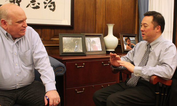 Connecticut Law Tribune reporter Robert Storace (left) speaks to Attorney General William Tong in his Hartford offices on Tuesday..