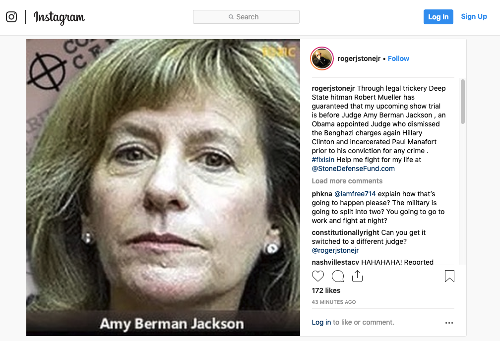 Instagram post by Roger Stone of U.S. District Judge Amy Berman Jackson