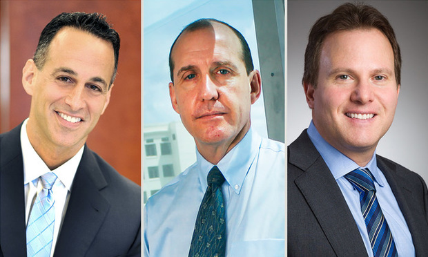 South Florida bankruptcy lawyers Glenn Moses of Genovese, Joblove & Battista, Joel Tabas of Tabas Soloff and Michael Budwick of Meland, Russin & Budwick. Courtesy photos.