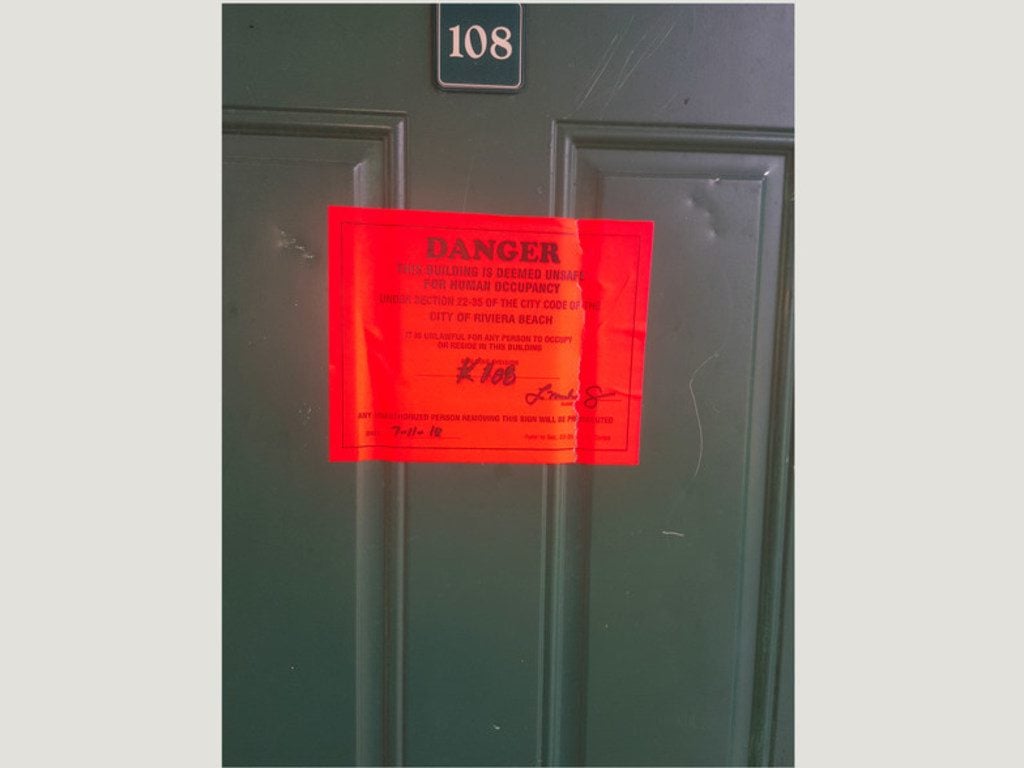 Unsafe notice on the door of one of the 36 apartments marked unsafe for human occupancy at Stonybrook Apartments. Courtesy photo