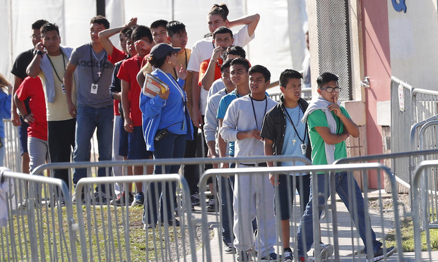Children line up to enter a tent at the Homestead Temporary Shelter for Unaccompanied Children in Homestead, Florida. (AP Photo/Wilfredo Lee, File)