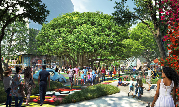 A rendering of part of the planned, nearly 18-acre Magic City Innovation District in Little Haiti. It would rise between Northeast Second Avenue and the Florida East Coast Railway tracks and from the Little Haiti Soccer Park and the Little Haiti Cultural Center. 