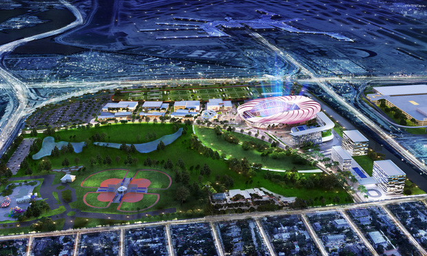 An aerial rendering of the 25,000-seat stadium, 11 public soccer fields and other real estate, including 1 million square feet of commercial construction, that David Beckham and his project partners want to build on Miami's Melreese golf course.