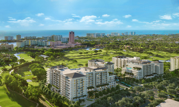 An aerial rendering of ALINA Residences Boca Raton under construction next to the Boca Raton Resort and Club golf course.