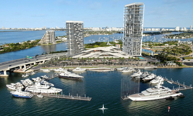 This rendering shows the Flagstone project planned for Watson Island. The two towers are the planned hotels and the retail portion, which will be a total of 221,000 square feet, is between the hotels.