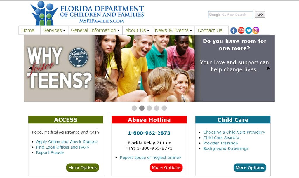 Florida Department of Children and Families website's screenshot.