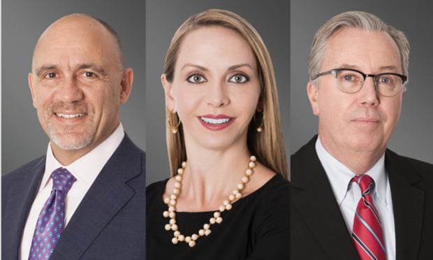 Greenberg Traurig shareholders Richard Giusto, left, Danielle Gonzalez and Michael Lynott in Miami. Courtesy photos