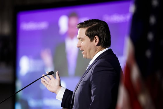 FILE: Florida Governor Ron DeSantis gives opening remarks at the Federalist Society Annual Lawyers Convention at the Mayflower Hotel in Washington, on Thursday, November 14, 2019.