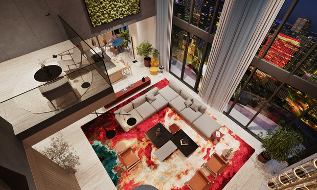 A two-story duplex penthouse unit at Miami developer Ugo Colombo's Brickell Flatiron condominium tower. 