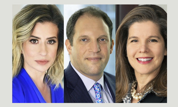 from left, Danielle Garno, head of the retail legal practice at Cozen O'Connor in Miami; Mark A. Levy, a partner at Brinkly Morgan; Aleida Martinez-Molina, a partner and chair of the insolvency and creditors' rights practice groups at Weiss Serota.