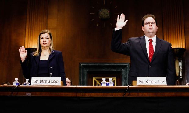 Barbara Lagoa, left, and Robert Luck, right, being sworn in before the Senate Judiciary Committee during their confirmation hearing to be U.S. Circuit Judges for the Eleventh Circuit Court of Appeals on Oct. 16, 2019. Photo by Diego Radzinschi/ALM