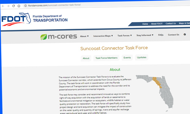 Screenshot of Florida Department of Transportation website featuring Suncoast Connector corridor.