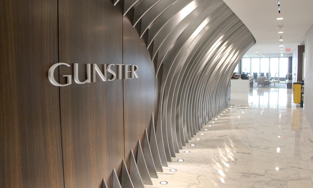 Logo at Gunster lobby in the Miami office/photo by J. Albert Diaz/ALM