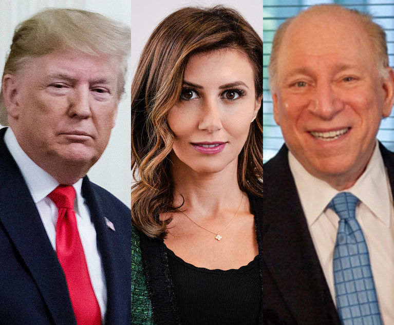 Former president Donal Trump, Alina Habba, managing partner of Habba Madaio and Associates, and Peter Ticktin of The Ticktin Law Group. (Credit: ALM/Courtesy photo)