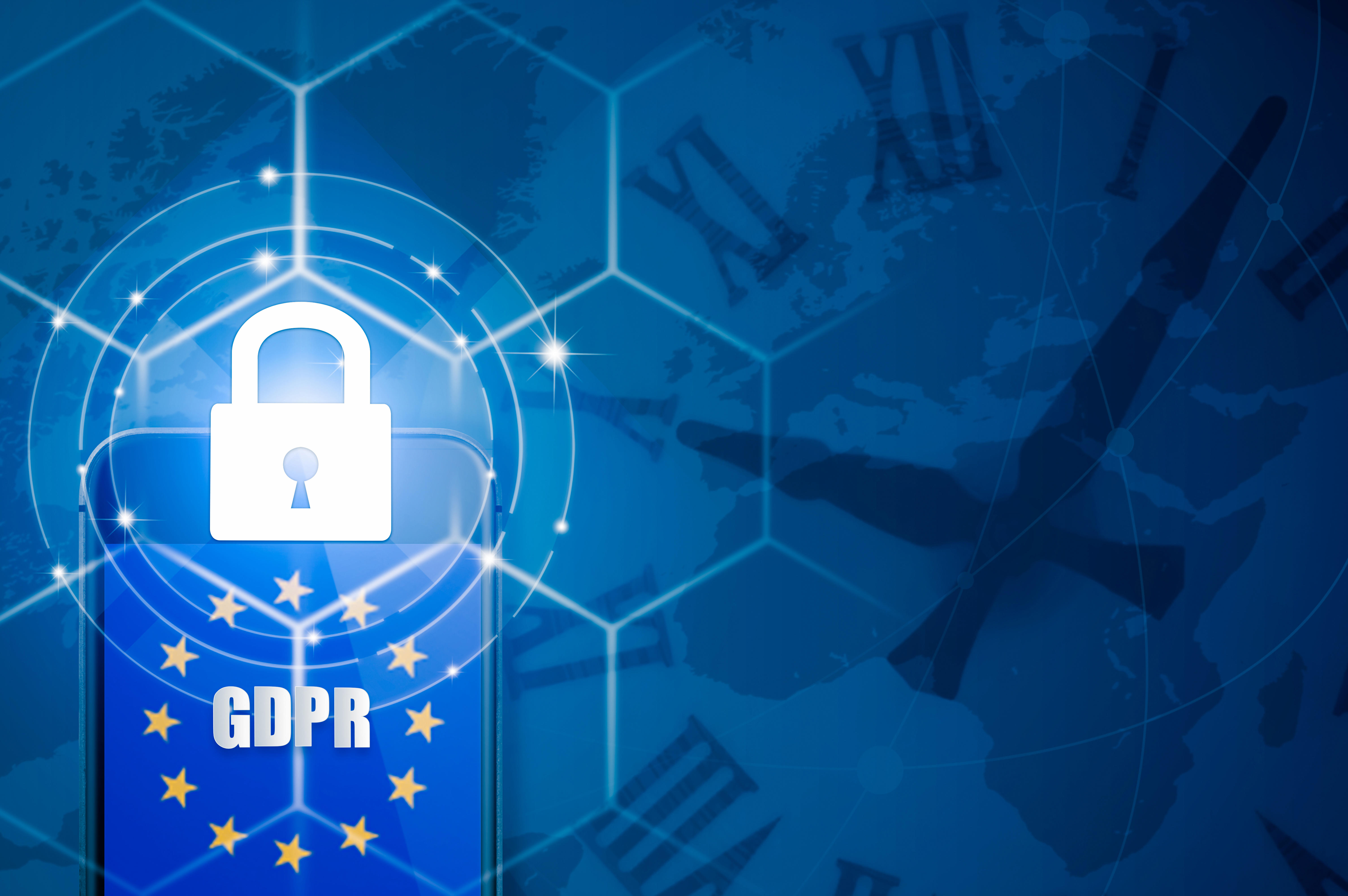 Padlock over smartphone and EU flag inside mobile phone and EU map, symbolizing the EU General Data Protection Regulation or GDPR. Designed to harmonize data privacy laws across Europe.