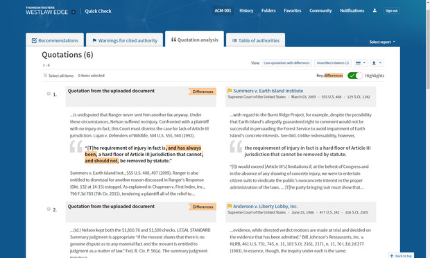 The landing page for Quotation Analysis, within the Quick Check tool of Westlaw Edge. Screenshot provided by Thomson Reuters.