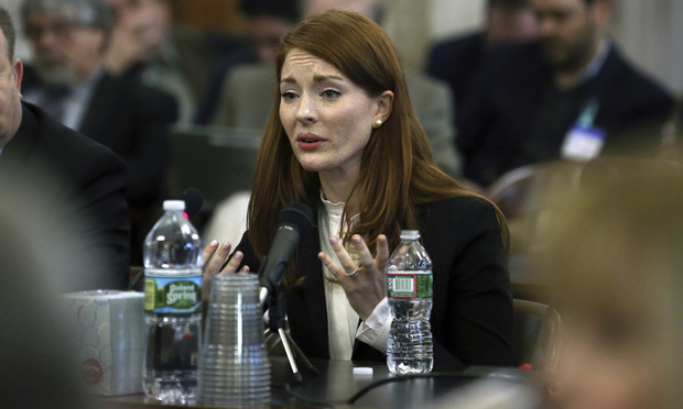 In this Dec. 4, 2019, file photo, Katie Brennan, the chief of staff at the New Jersey Housing and Mortgage Finance Agency, answers a question as she testifies before the Select Oversight Committee at the Statehouse in Trenton. (AP Photo/Mel Evans, File)