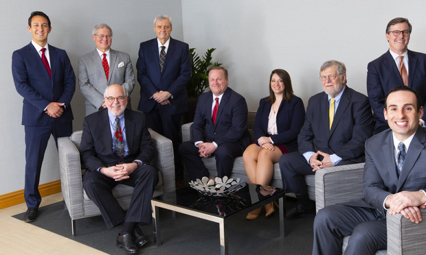 Standing (l to r): John W. Kaveney, Partner; Robert B. Hille, Partner; Neil M. Sullivan, Counsel; James A. Robertson, Partner & Department Chair.Seated (l to r): Andrew F. McBride, III, Of Counsel; Paul L. Croce, Counsel; Megan R. George, Counsel; John Zen Jackson, Of Counsel; Glenn P. Prives, Partner. Greenbaum Rowe's health-care practice added in February 2020. Courtesy photo. 