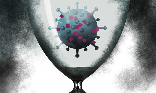 A coronavirus is isolated inside an hourglass as sand counts down the time. Could have various meanings relating to COVID-19.