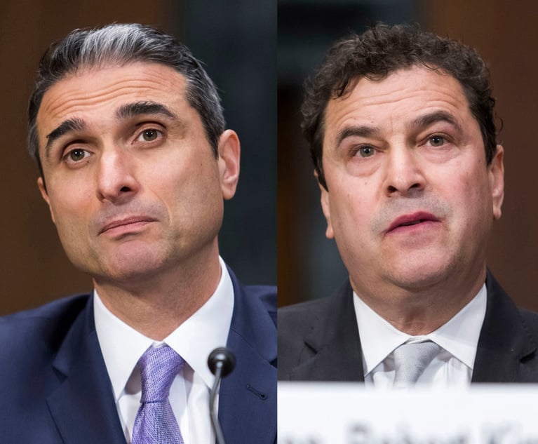 Michael Farbiarz, left, and Robert Kirsch, right, testify before the Senate Judiciary Committee during their confirmation hearing to be U.S. District Judges for the District of New Jersey, on Wednesday, January 25, 2023. Photo: Diego M. Radzinschi/ALM