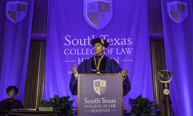 NEW DEAN AT SOUTH TEXAS COLLEGE OF LAW: Michael F. Barry, South Texas College of Law Houston's 11th president and dean, addresses students, alumni, faculty, staff, and community leaders at his official investiture ceremony.