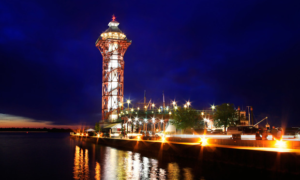 Dobbins landing and The Bicentenial Tower at night during The Perry 200 Commemoration, Erie Pennsylvania, USA. Shutterstock image.