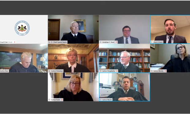 Screenshot of live-streamed oral arguments in Commonwealth v. Mason on May 20, 2020.